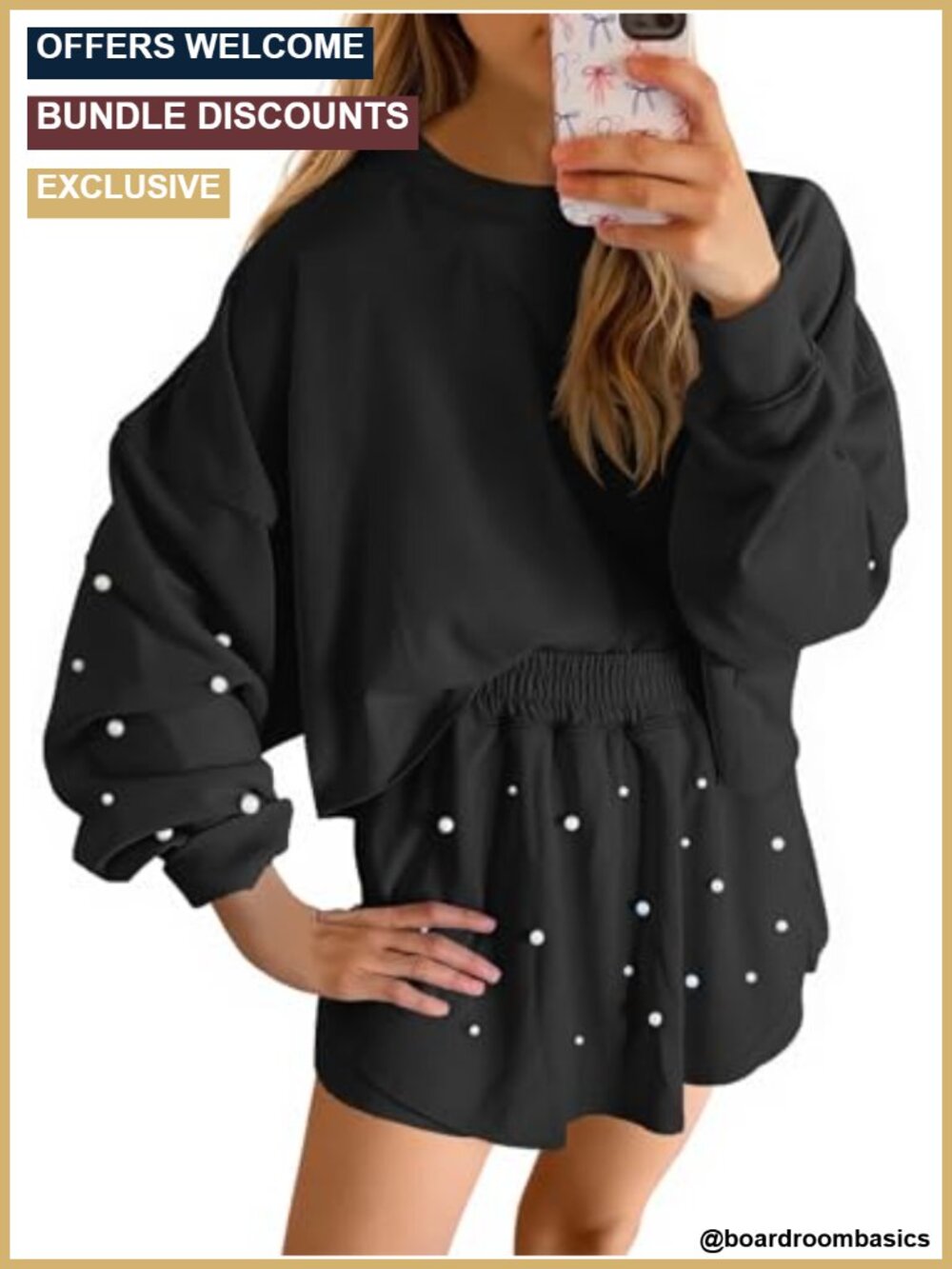 Casual 2 Piece Outfit Long Sleeve Pearl Sweatshirt & Skort Shorts Set
